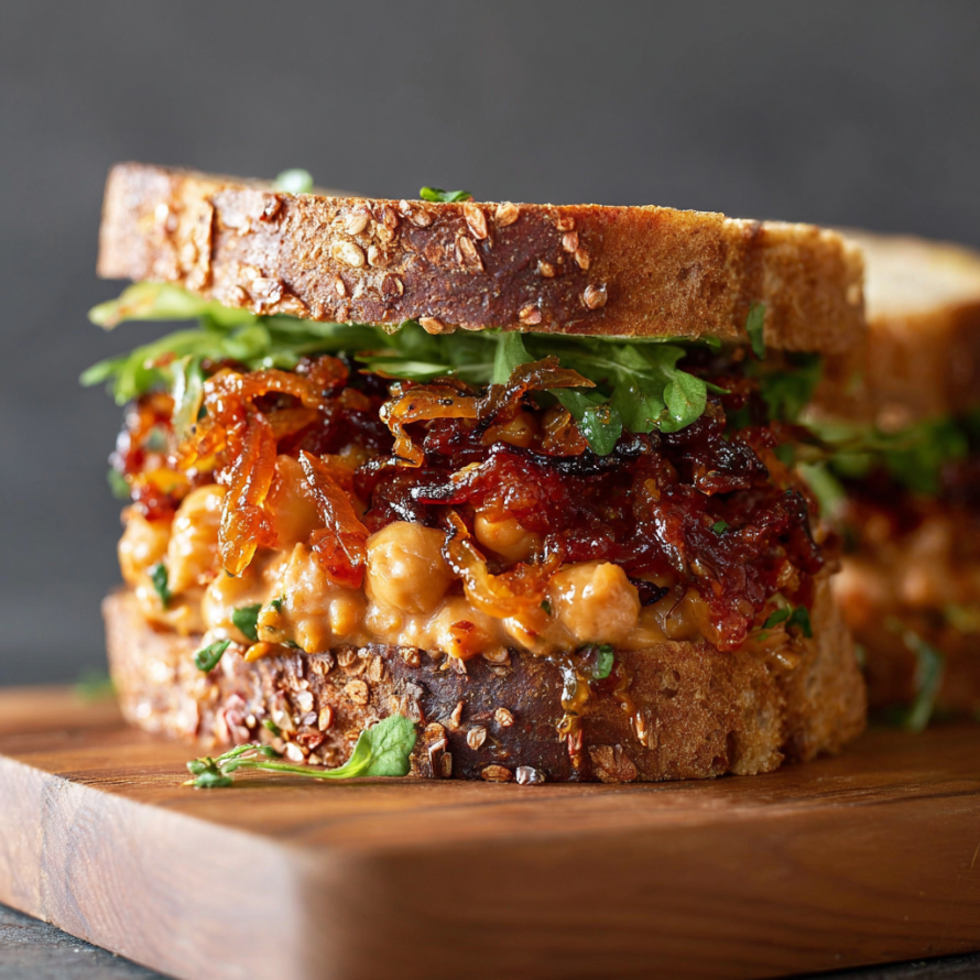 A sandwich with bacon, lettuce, and tomato on a wooden cutting board.
