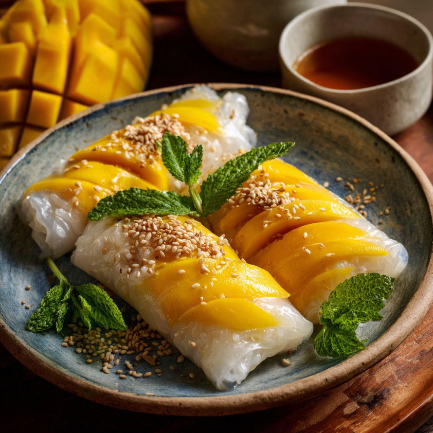 A plate of Sweet Mango Sticky Rice Rolls with a bowl of sauce on the side.