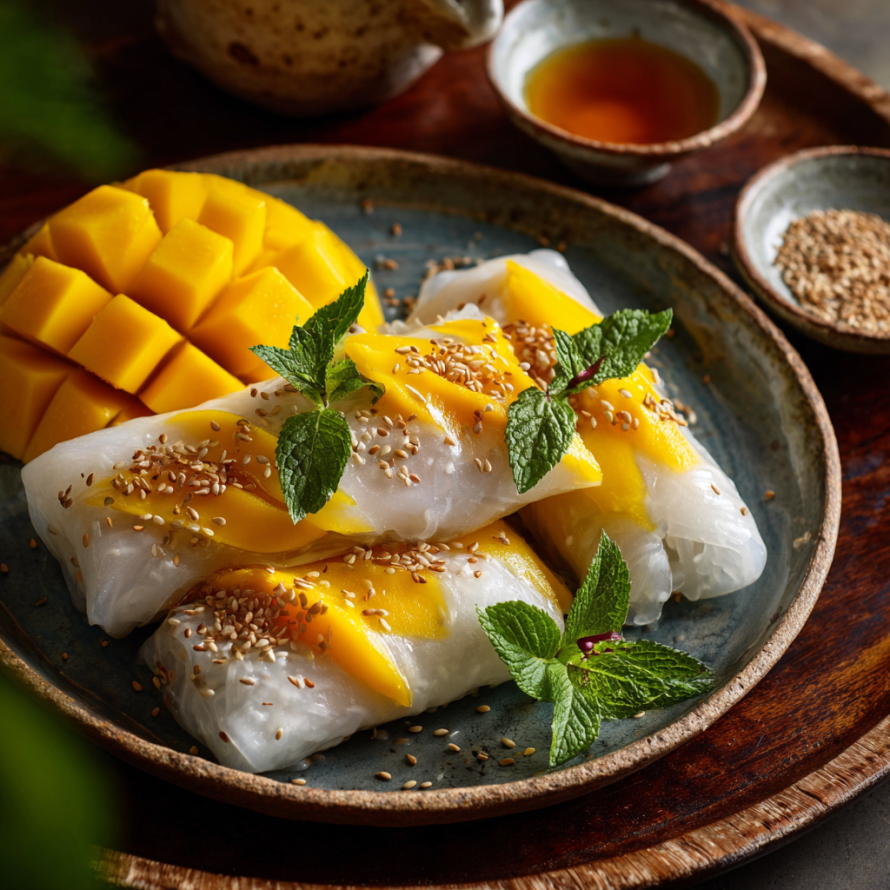 A plate of Sweet Mango Sticky Rice Rolls is displayed on a wooden table.