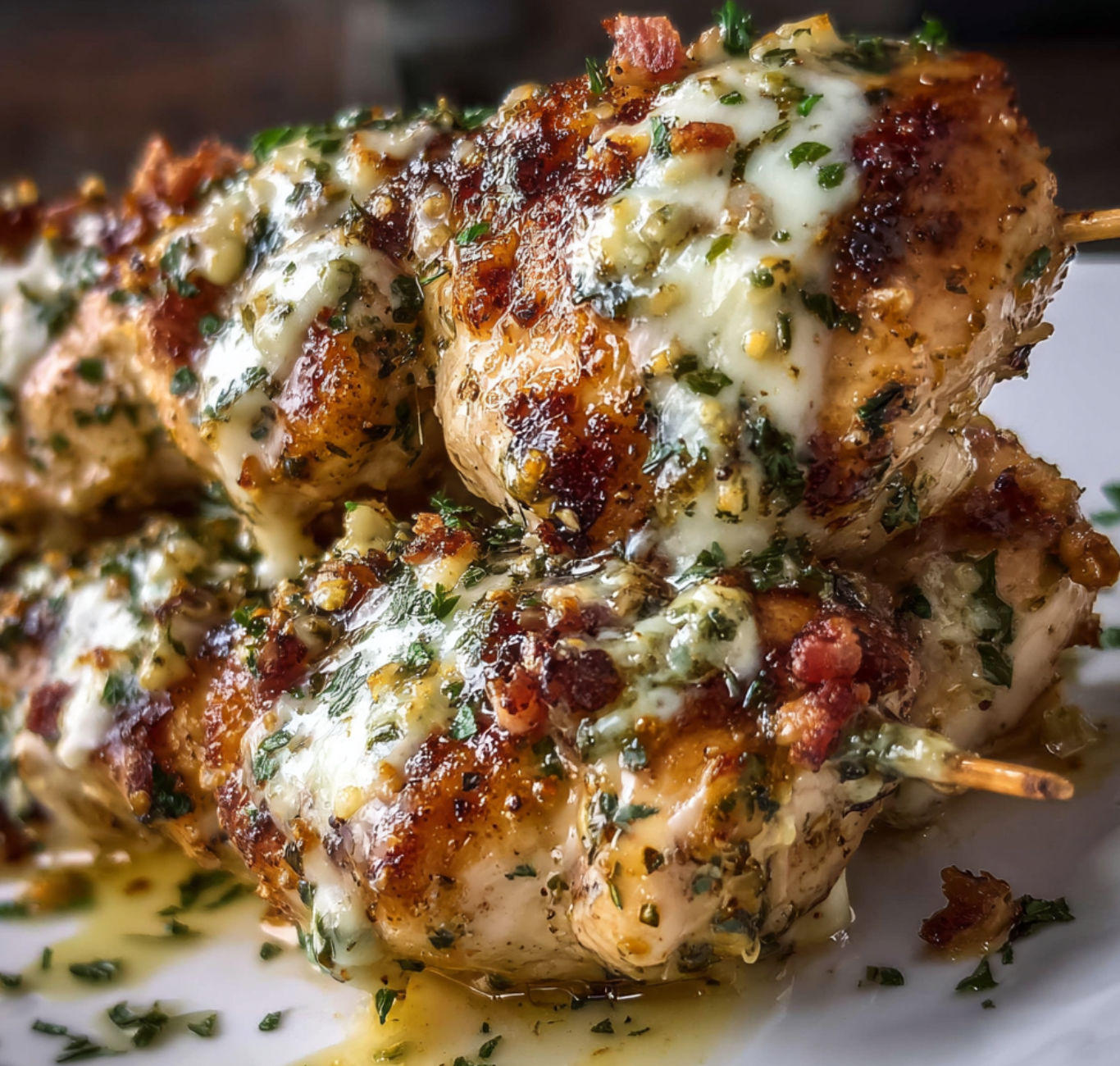 A plate of chicken skewers with cheese and herbs, ready to be cooked.