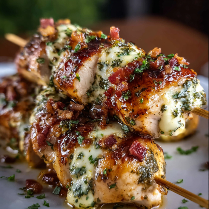 A plate of chicken skewers with cheese and bacon, served with a side of greens.