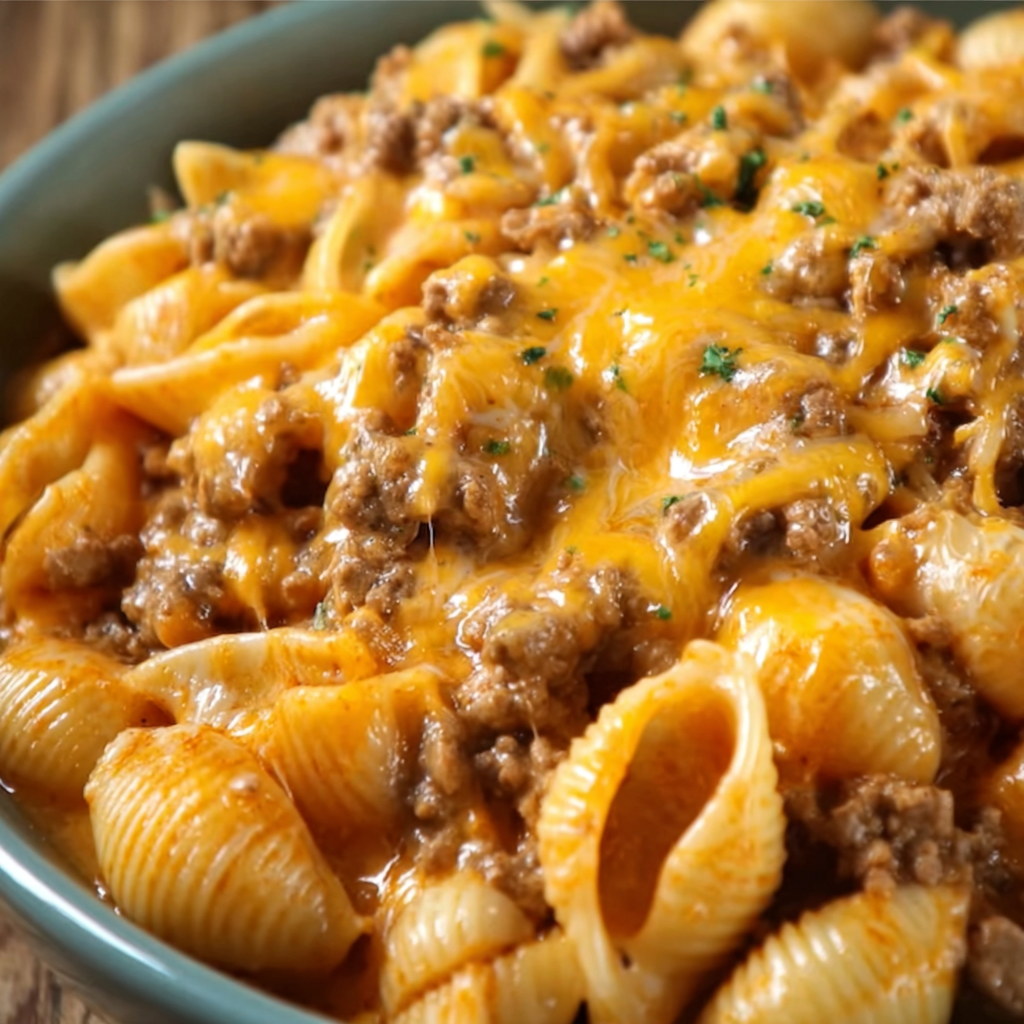 A bowl of pasta with meat and cheese, likely a crock pot taco shells and cheese recipe.