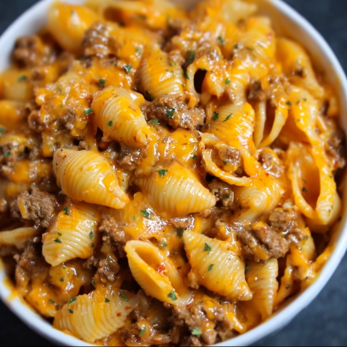 A bowl of pasta with meat sauce and cheese.
