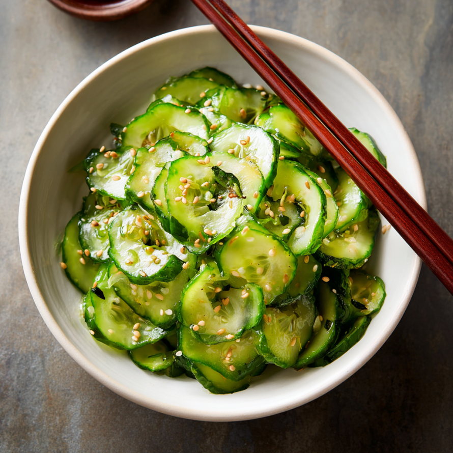 A bowl of cucumber salad with sesame seeds and chopsticks.