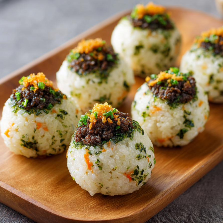 A plate of rice balls with a variety of toppings, including carrots and black sesame seeds.