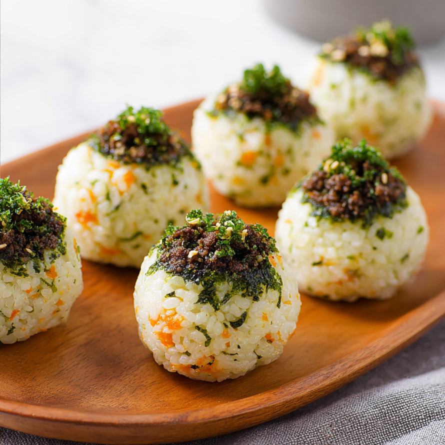 A plate of rice balls with a green topping, possibly seaweed, and a carrot garnish.