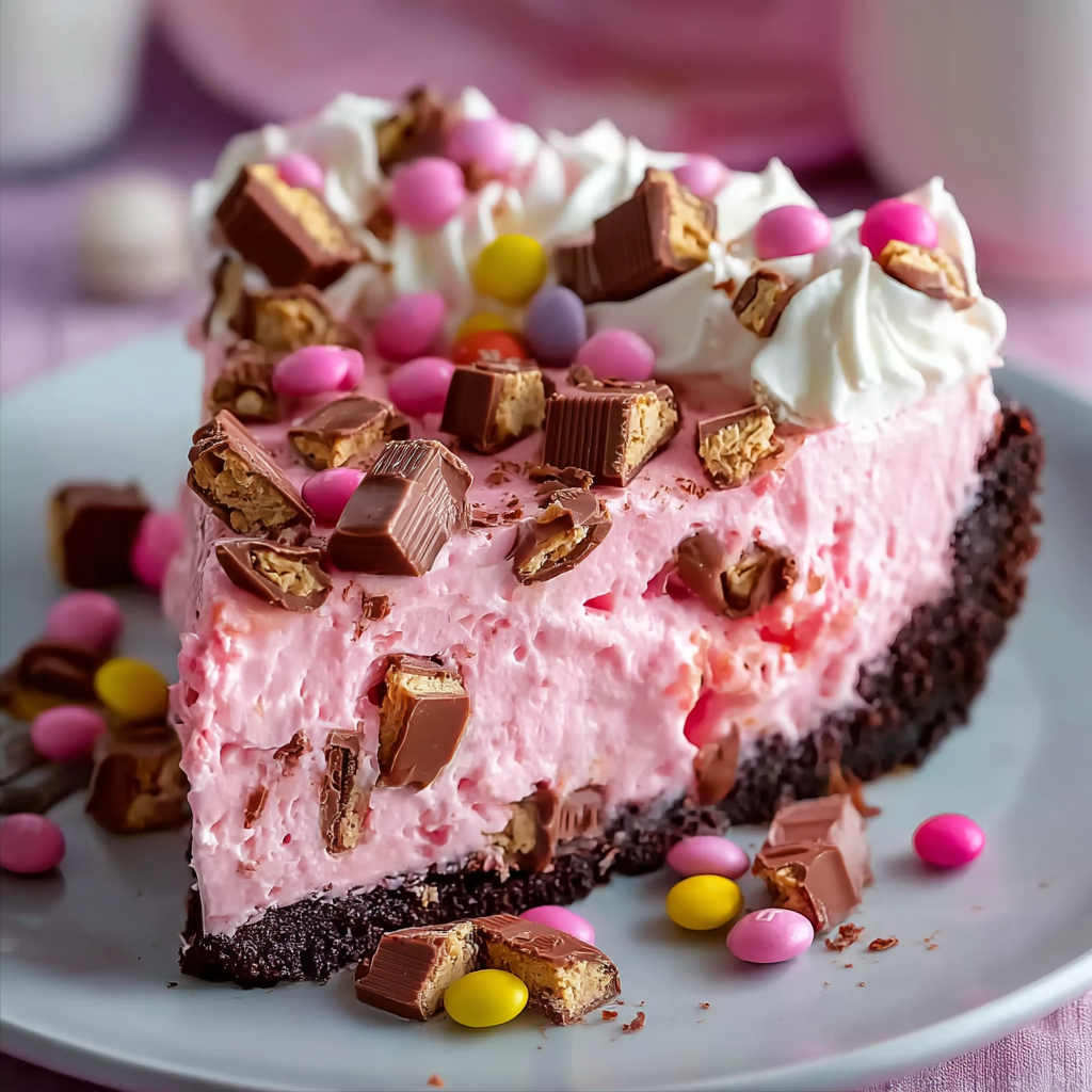 A slice of pink cake with chocolate chips and marshmallows on top.