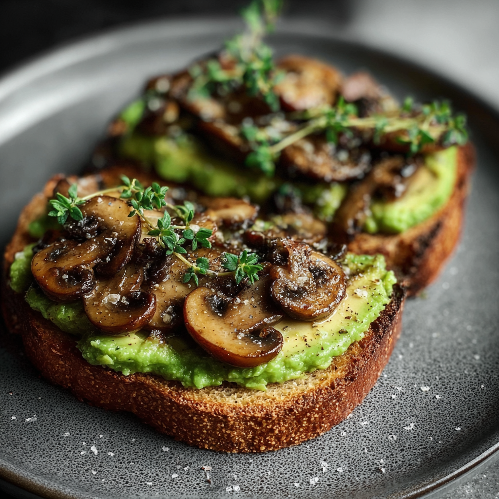 A slice of mushroom toast with mushrooms and herbs on top.