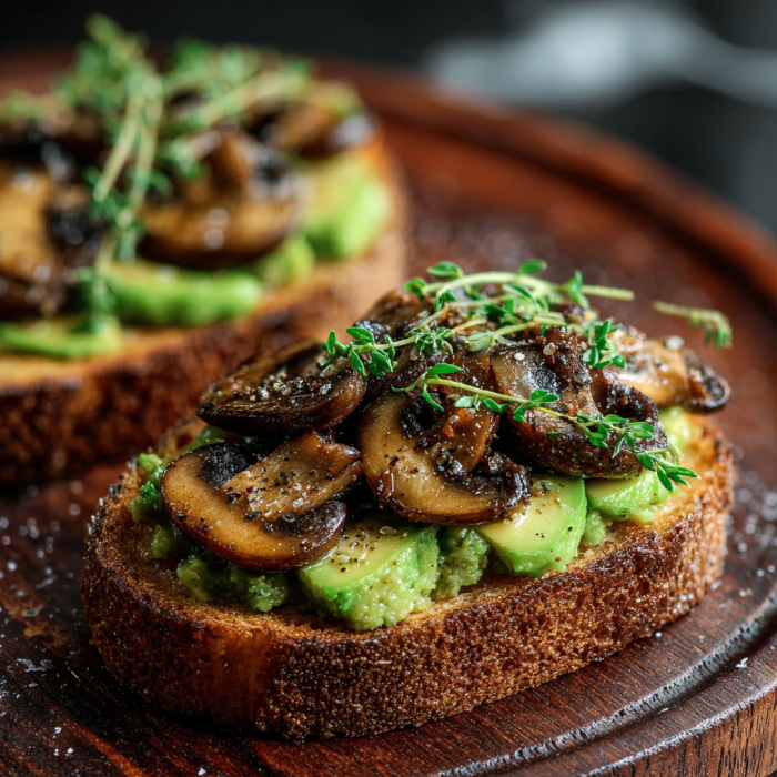 A slice of toast with mushrooms and avocado on top.