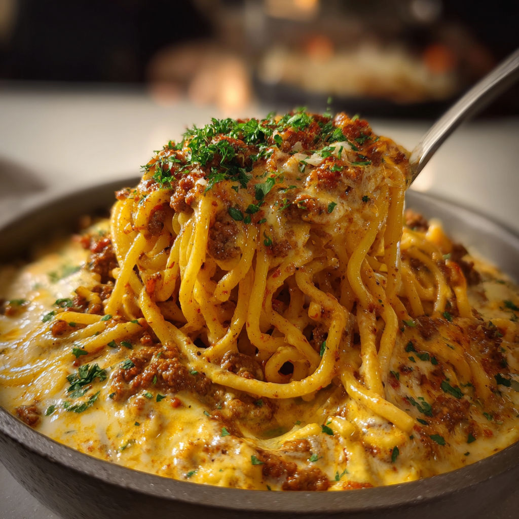 A bowl of spaghetti with meat sauce and cheese on top.