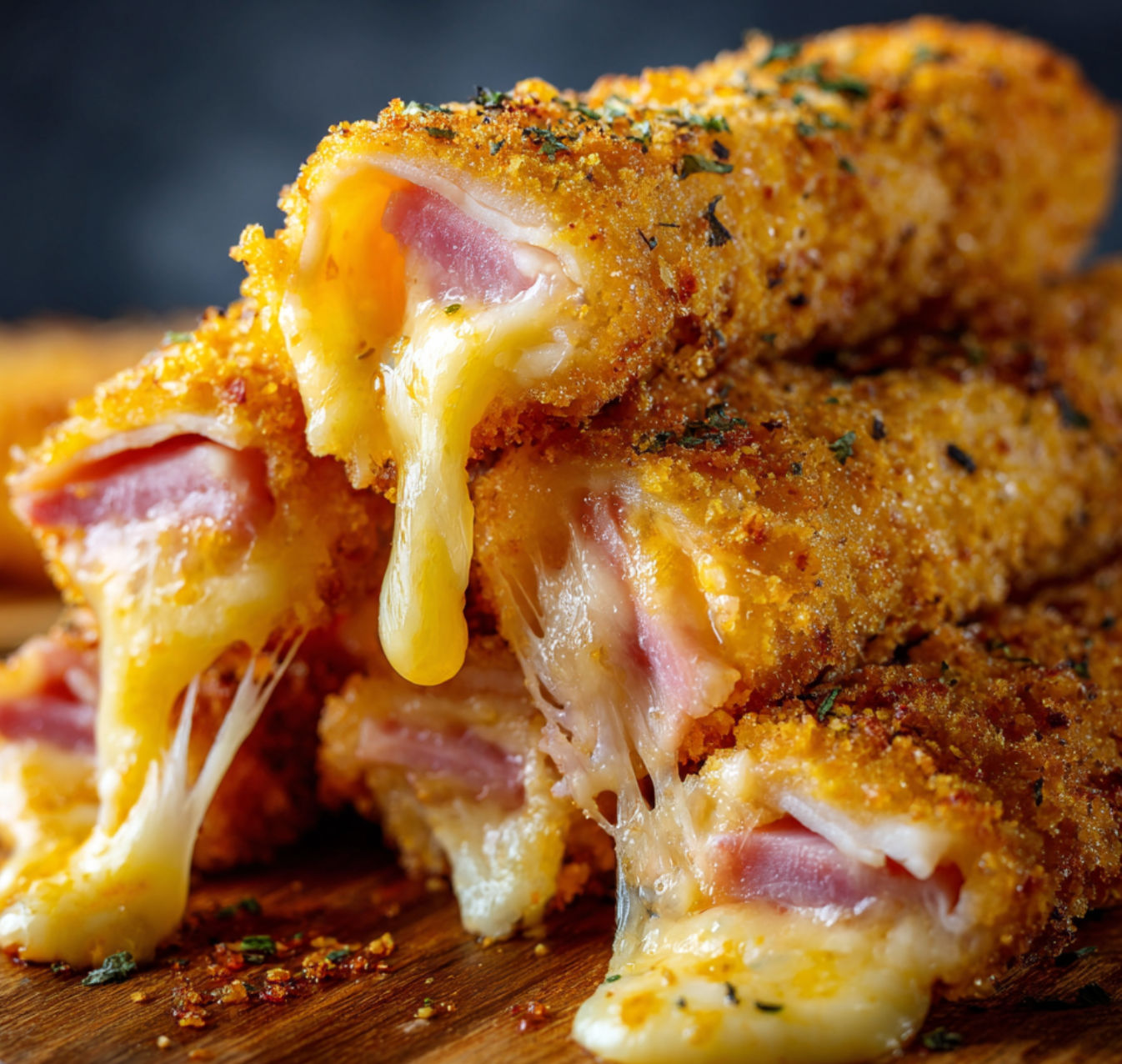 A close up of a delicious cheese and ham sandwich.