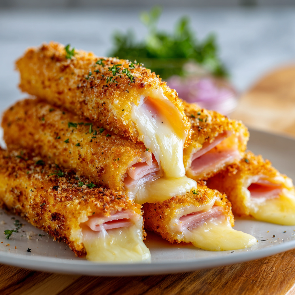A plate of fried ham and cheese sandwiches with a side of fresh herbs.