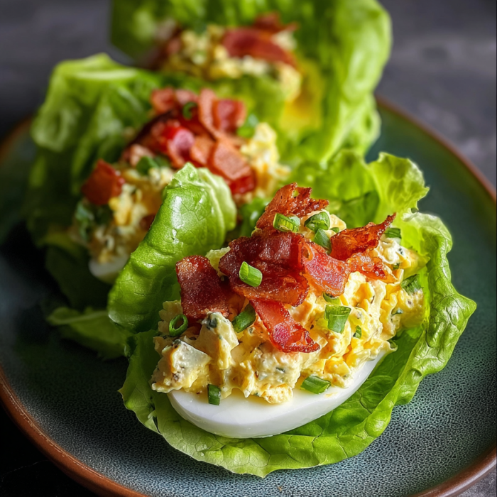 A plate of bacon and egg lettuce wraps.