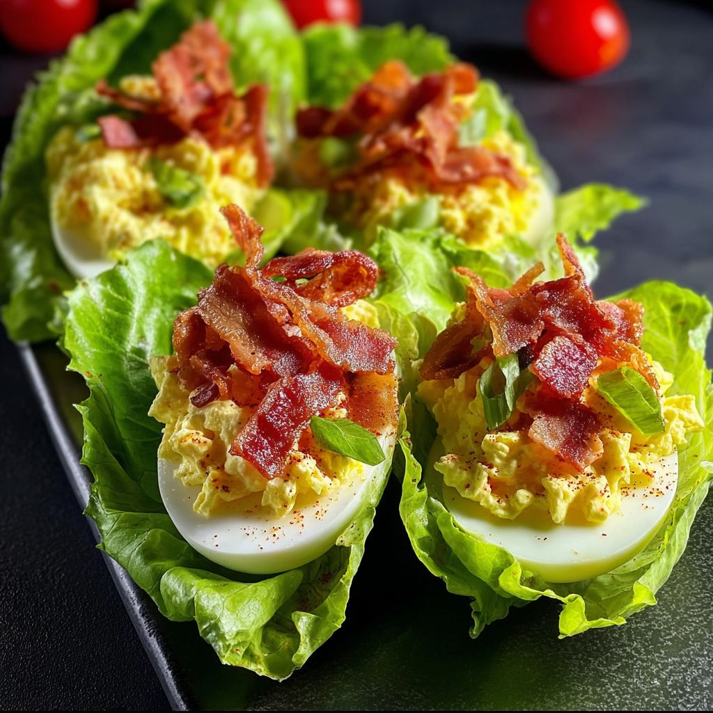 A plate of bacon wrapped eggs with lettuce.