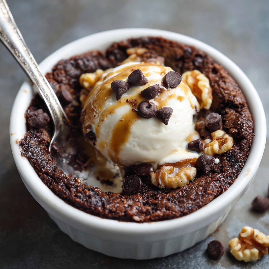 A delicious dessert in a white bowl, topped with a scoop of vanilla ice cream and chocolate chips.