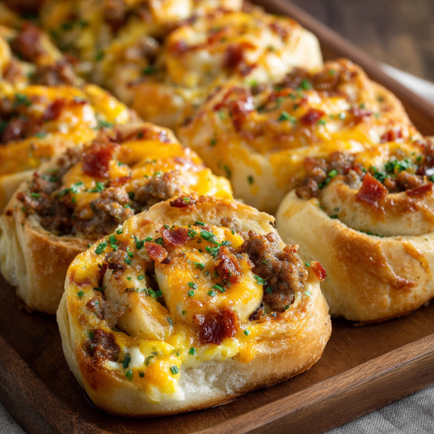 A plate of breakfast rolls with cheese and bacon.