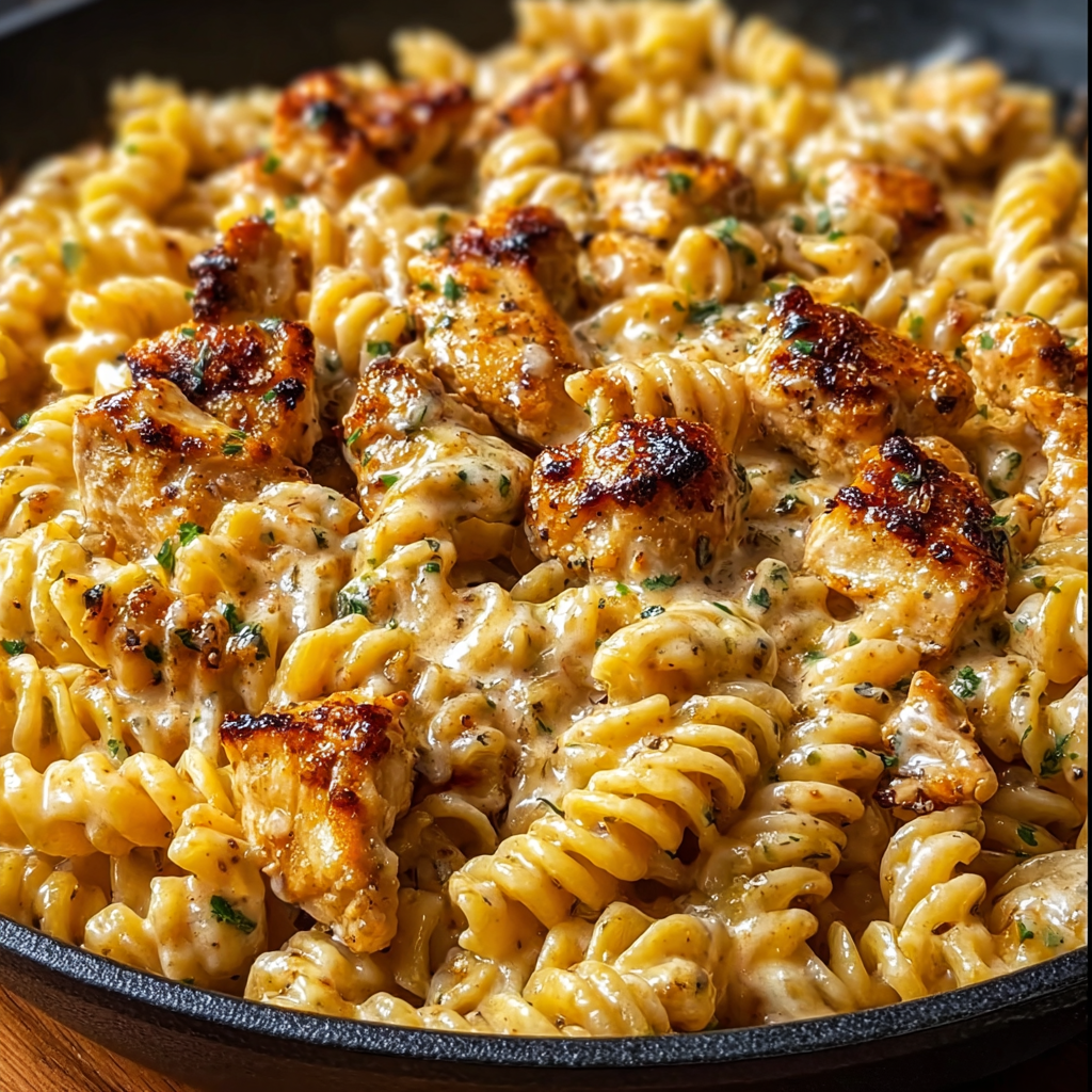 A delicious pasta dish with chicken and cheese, served in a black pan.