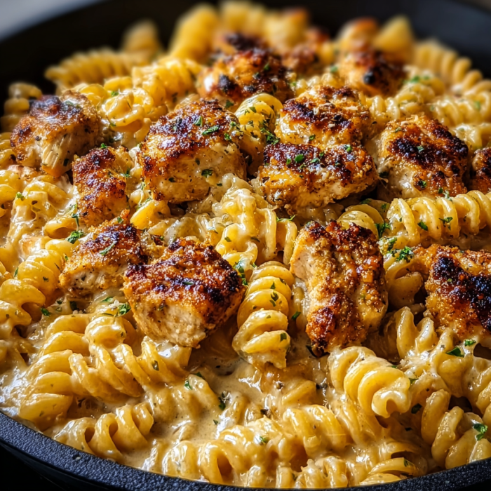 A delicious pasta dish with chicken and cheese, served in a black bowl.