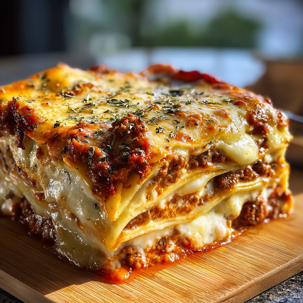 A delicious Million Dollar Lasagna is served on a wooden cutting board.
