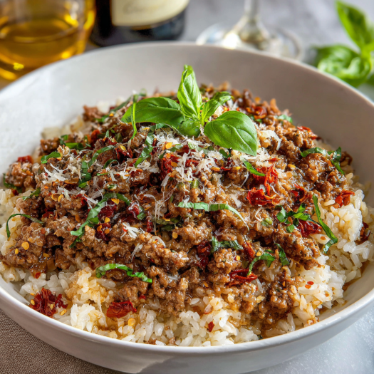 A bowl of beef and rice with a sprig of basil on top.