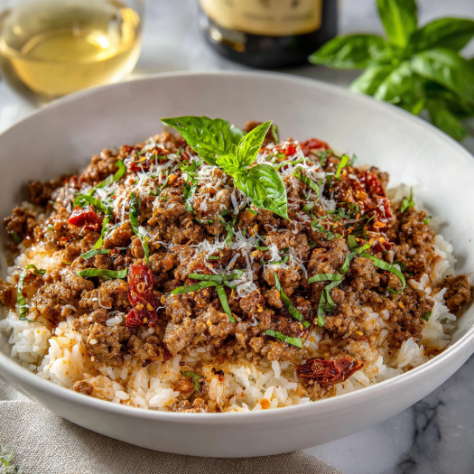 A bowl of rice with meat and vegetables, including green onions and basil, is served with a glass of wine.