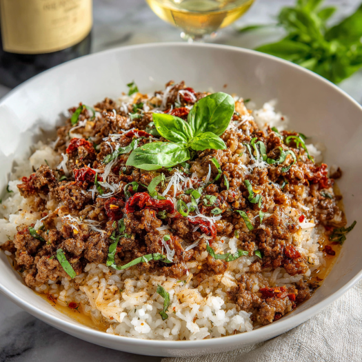 A bowl of rice with meat and vegetables, including spinach and red peppers, is served with a glass of wine.