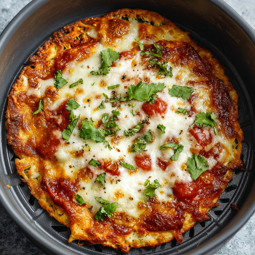 A close-up of a delicious homemade pizza with cheese and tomatoes, cooked in an air fryer.