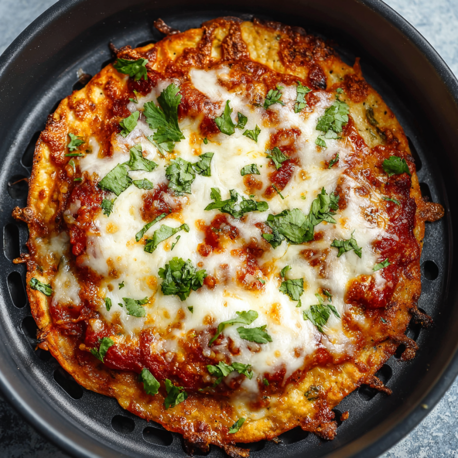 A close-up of a delicious homemade pizza with cheese and herbs, ready to be cooked in an air fryer.