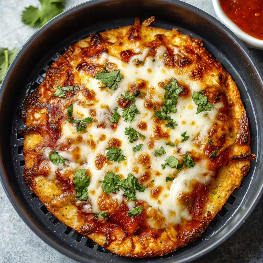 A delicious homemade tortilla pizza with cheese and green onions, cooked in an air fryer for just 5 minutes.