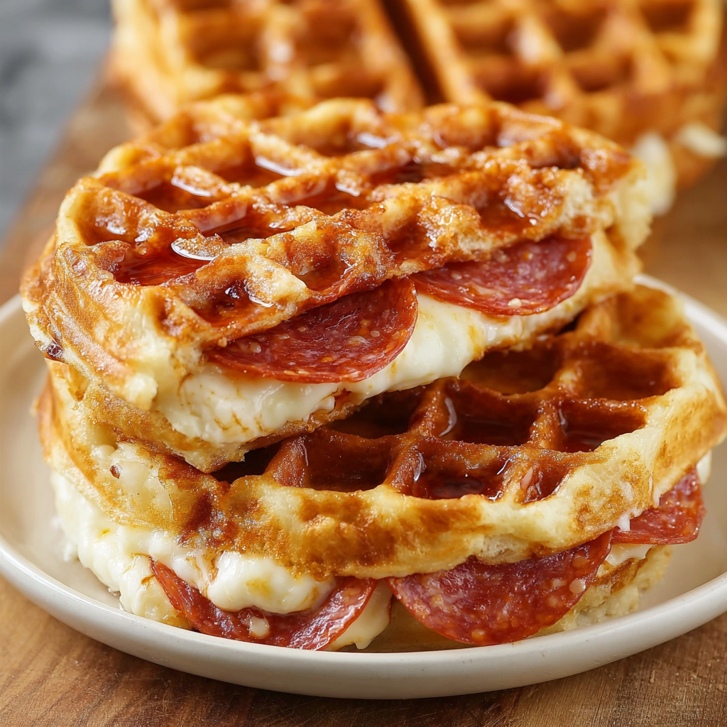 A plate of waffles with pepperoni and cheese on top.