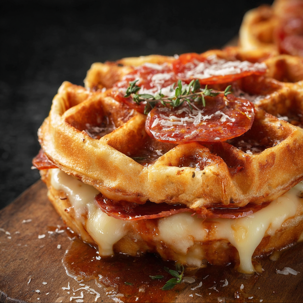 A delicious pizza stuffed waffle recipe, featuring cheese and pepperoni, is presented on a wooden cutting board.