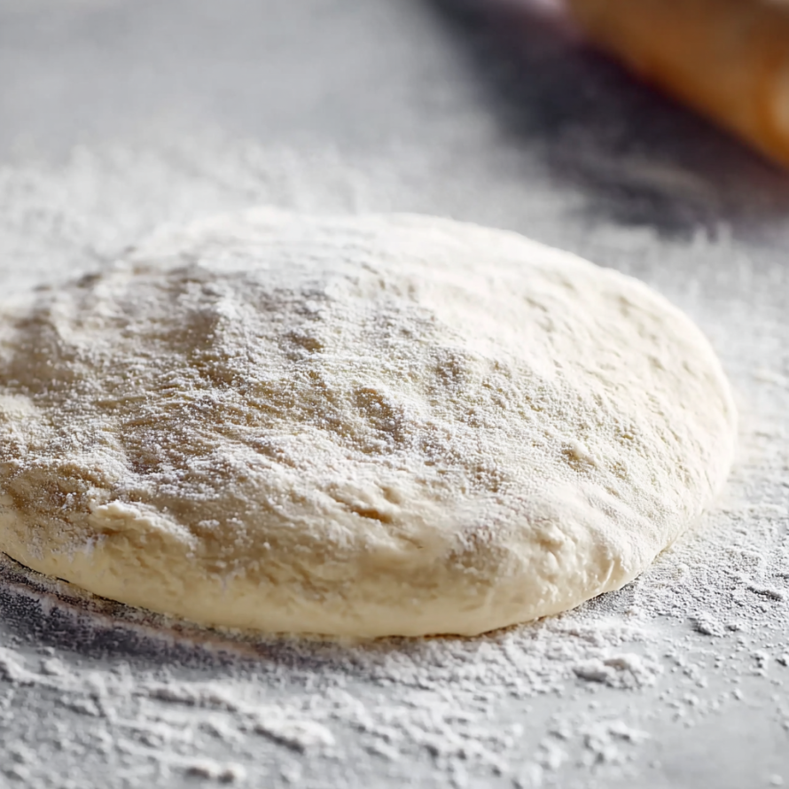 A pile of flour is being used to make a Neapolitan pizza dough.