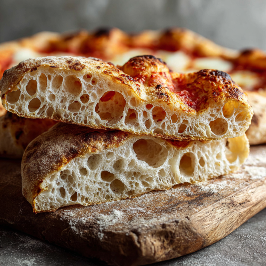 A slice of Neapolitan pizza dough with a crispy crust and a chewy interior.
