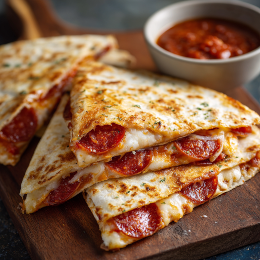 A delicious 5-minute pepperoni pizza quesadilla is ready to be enjoyed.