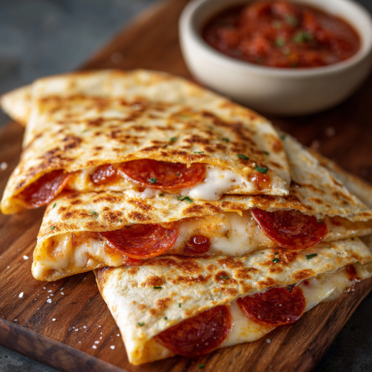 A quesadilla with pepperoni and cheese is ready to be eaten.