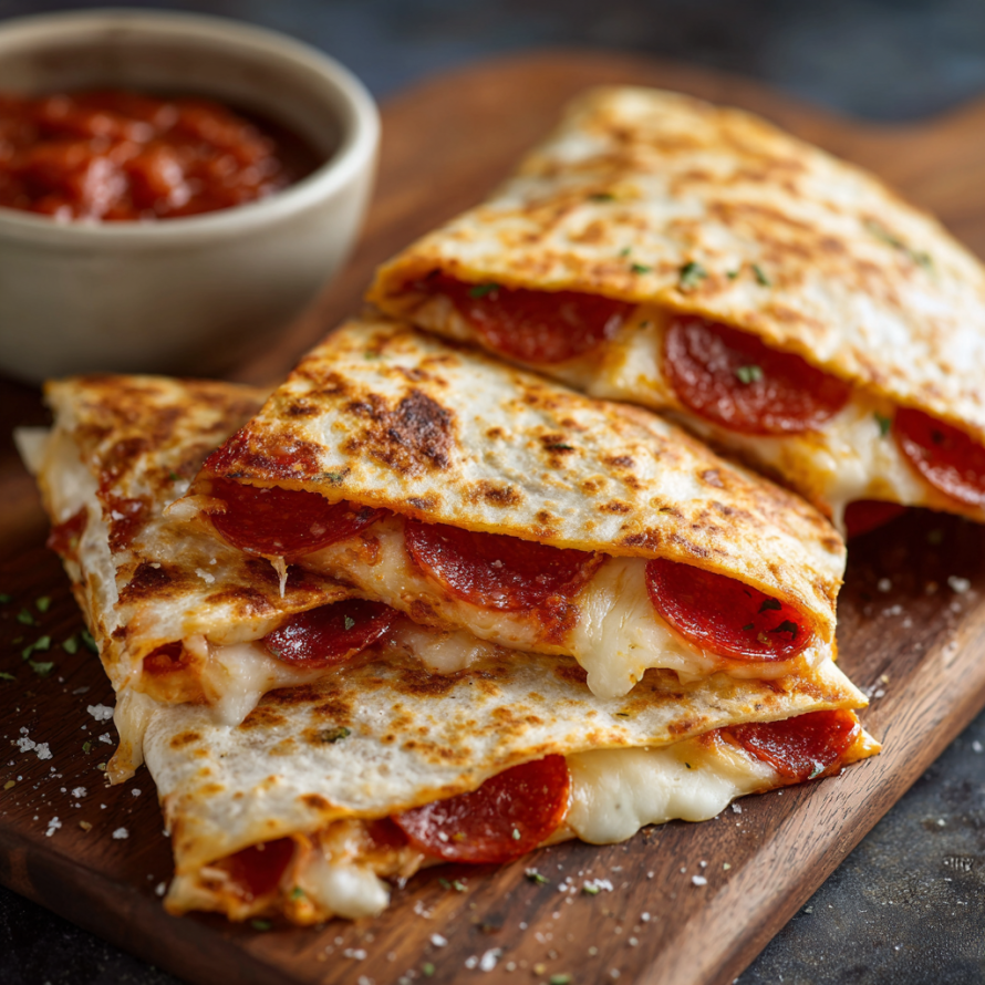 A delicious 5-minute Pepperoni Pizza Quesadilla is ready to be enjoyed.