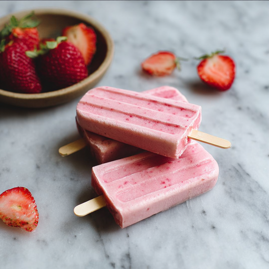 A bowl of strawberries and a plate of pink and white frozen treats.