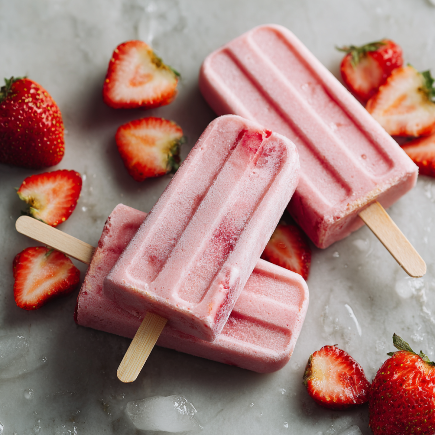 Two pink frosted strawberry shortcake popsicles are displayed on a marble countertop.