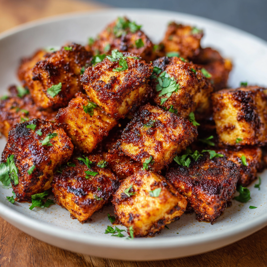 A bowl filled with grilled meat cubes, likely chicken, with a spice rub and a garnish of parsley.