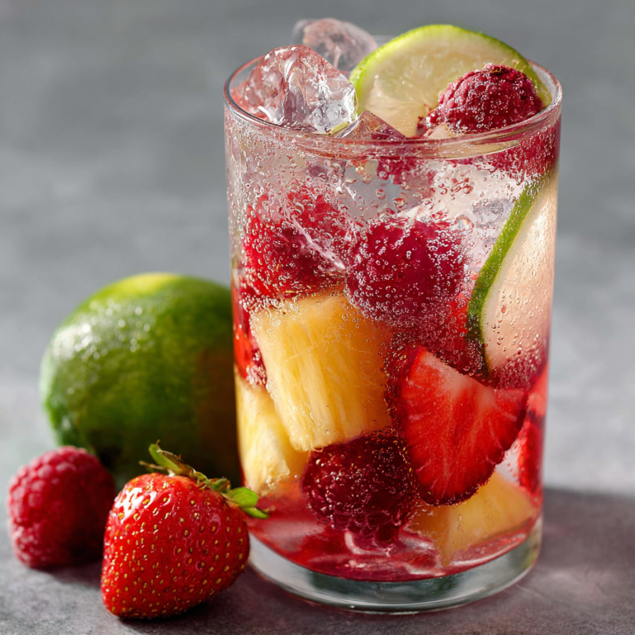 A glass of Fruit Ice Cubes is served with a slice of lime and a strawberry.