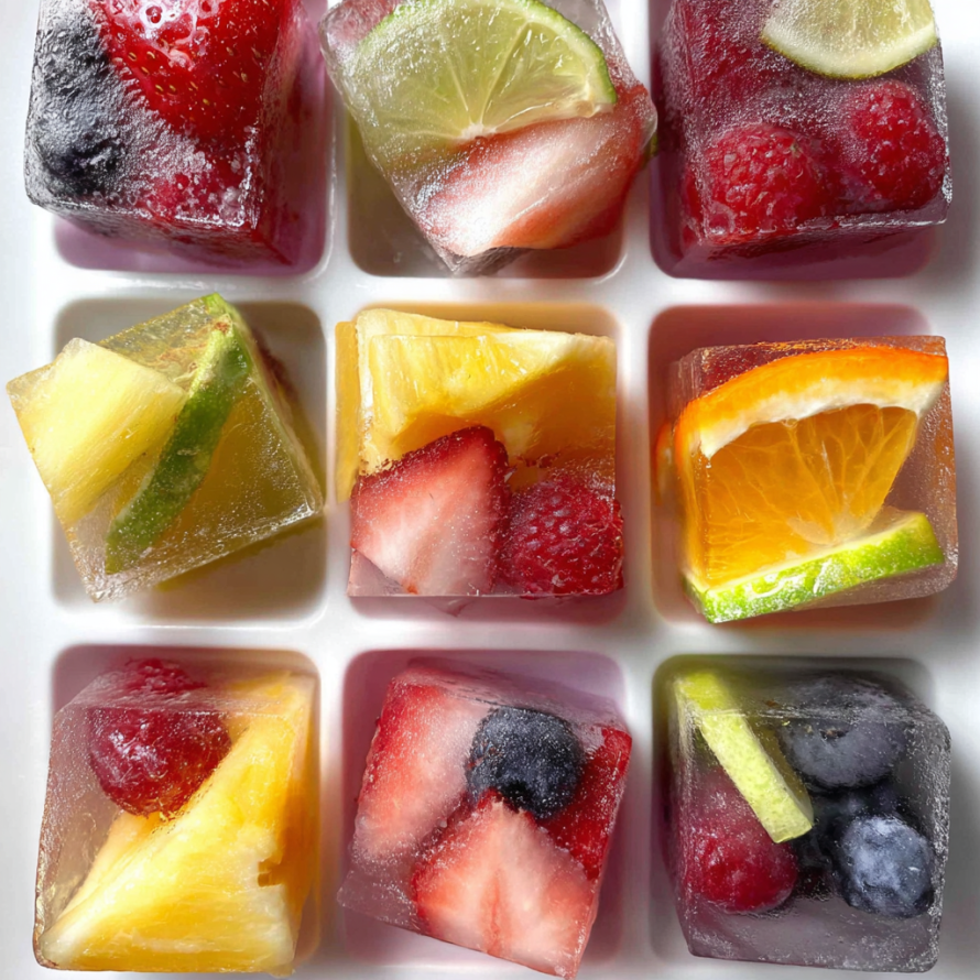 A variety of fruits are frozen in a tray, including strawberries, blueberries, and oranges.