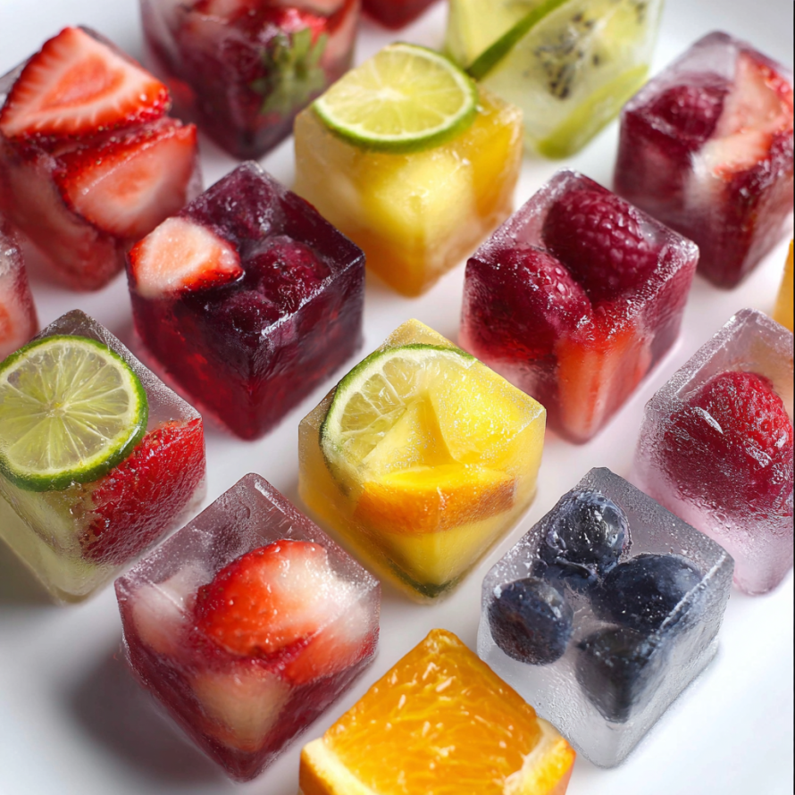 A variety of fruit cubes, including strawberries, oranges, and blueberries, are displayed on a white plate.