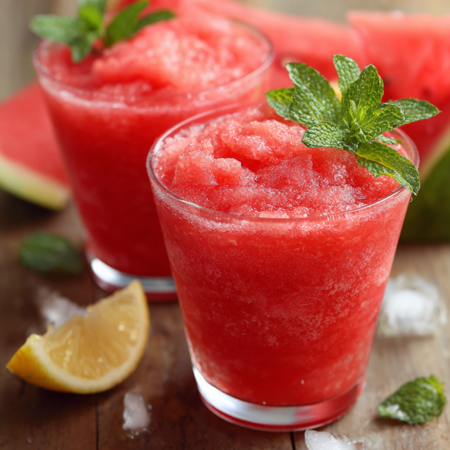 Two glasses of watermelon slush, a refreshing and healthy drink for kids.