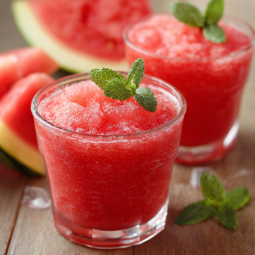 A glass of watermelon juice with a mint garnish and a slice of watermelon on the side.