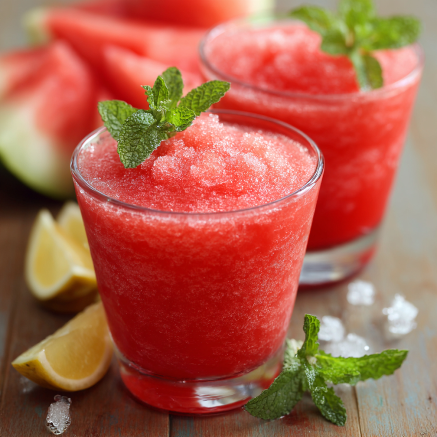 A glass of red frozen juice with a lemon wedge on the side.