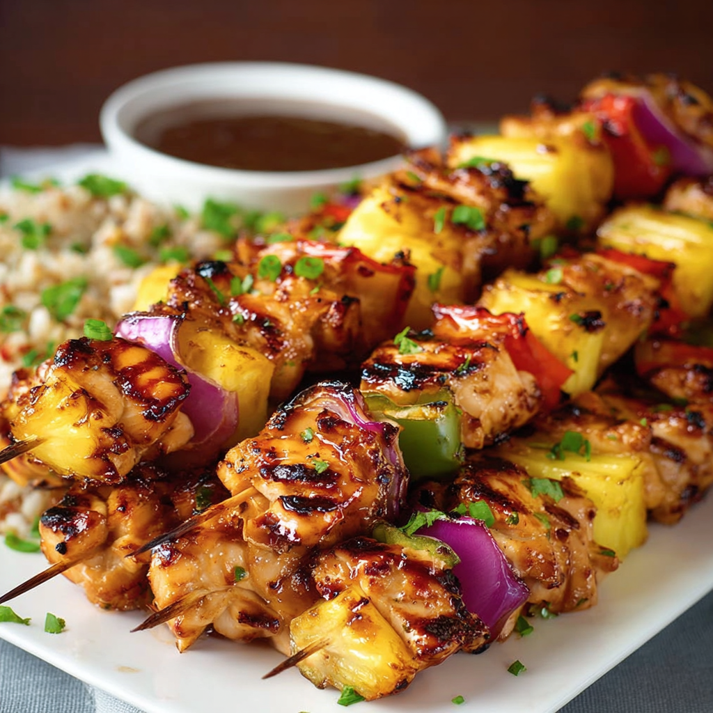 A plate of delicious Hawaiian chicken kebabs, served with a side of rice and a dipping sauce.
