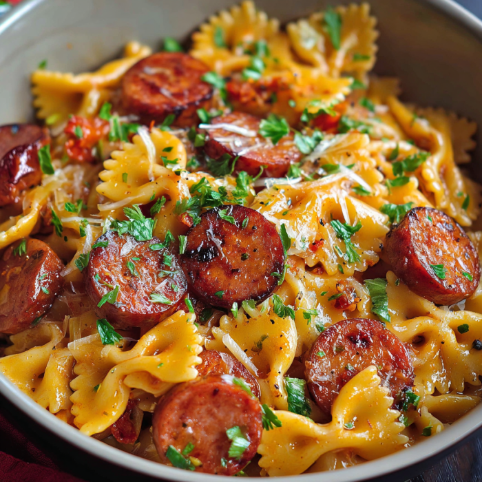 A bowl of pasta with sausage and vegetables, including broccoli and tomatoes, is served in a white bowl.