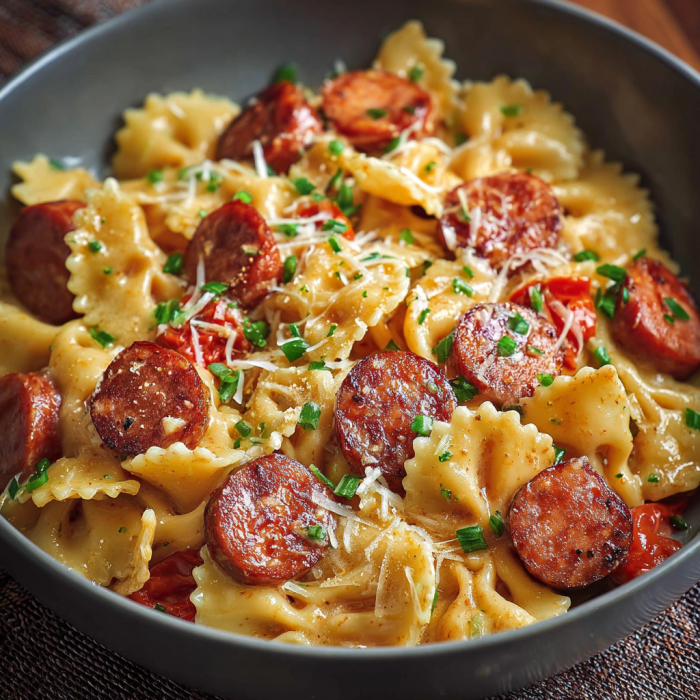 A bowl of pasta with sausage and cheese, likely a dish called "Sausage and Cheese Pasta.