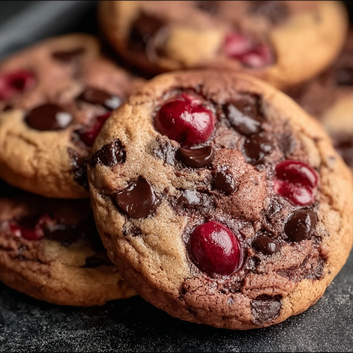 A close up of a chocolate chip cookie with chocolate drizzle and red berries on top.