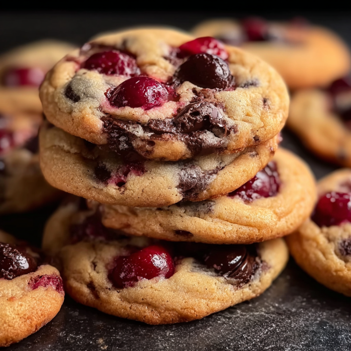 A stack of chocolate chip cookies with red berries on top.